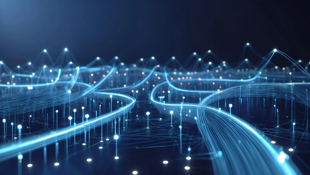 Abstract blue digital data pathways representing interconnected systems and infrastructure approach